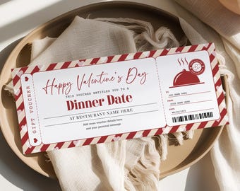May include: A red and white striped gift voucher with a heart design. The voucher is for a "Dinner Date" on Valentine's Day. The voucher has space to add the restaurant name, date, and names of the giver and recipient.