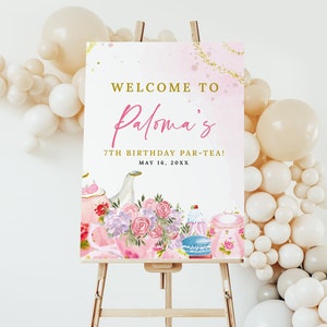 Tea Party Welcome Sign EDITABLE, Pink Gold Birthday Par-Tea Banner Printable, Floral Afternoon High Tea, Girl Garden Party Decor, TP09