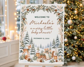 Winter Baby Shower Welcome Sign, Editable Christmas Woodland Baby Shower Party Sign, A Merry Little Baby, Gender Neutral Holiday Decor WB5