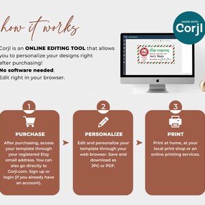 May include: A graphic showing how to use the Corjl online editing tool to personalize and print designs. The steps are: 1. Purchase, 2. Personalize, and 3. Print. The image includes a computer screen showing a sample design with the text "Merry Christmas" and "Avery Moore".