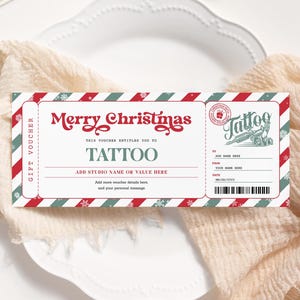 Cupón de regalo de tatuaje para Navidad EDITABLE, plantilla de certificado de regalo de tatuaje para imprimir, tarjeta de regalo Get Inked, boleto de Navidad para tatuaje, cupón para tatuaje
