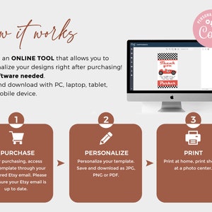 May include: A three-step guide on how to personalise and print designs using the Corjl online tool. The steps are purchase, personalise, and print. The image shows a computer screen displaying a thank you card with a red race car graphic and the text "Thank you" and "Parker".