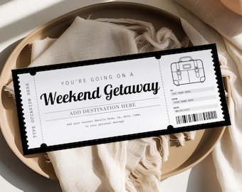 Weekend Getaway Gift Voucher EDITABLE, Weekend Away Ticket, Birthday Trip Travel Voucher, Printable Trip Away Gift Certificate WG22