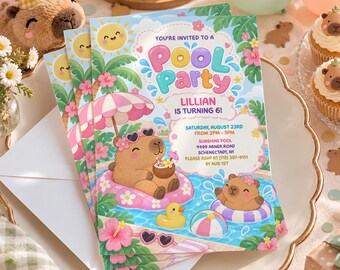 PRINTED Capybara Pool Party Invitations, Kids Summer Birthday Invite, Cute Tropical Swim Party Cards, Capybara Birthday Card with Envelopes