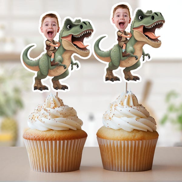 Dinosaur Face Cupcake Toppers, Personalized Dinosaur Photo Cupcake Toppers, T-Rex Party, Dinosaur Birthday Decor, Custom Dinosaur Topper