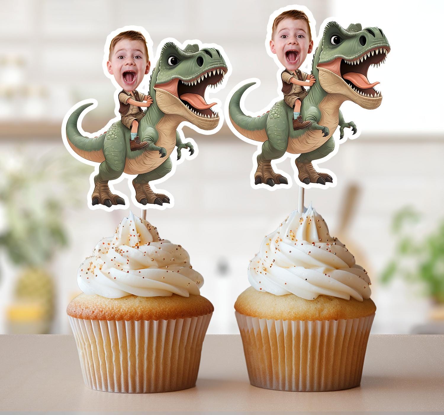Dinosaur Face Cupcake Toppers, Personalized Dinosaur Photo Cupcake Toppers, T-Rex Party, Dinosaur Birthday Decor, Custom Dinosaur Topper
