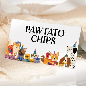 Étiquettes de nourriture de fête de chien modifiables, marque-place d'anniversaire de Pawty, carte de tente imprimable de nourriture de fête de chiot, étiquette pliée de buffet d'anniversaire de chien LP08