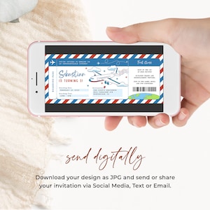 May include: A digital invitation in the form of a blue and red airplane ticket with the text "Sebastian is turning 31" and a cartoon airplane. The invitation is for a birthday party and includes the date, time, and location.