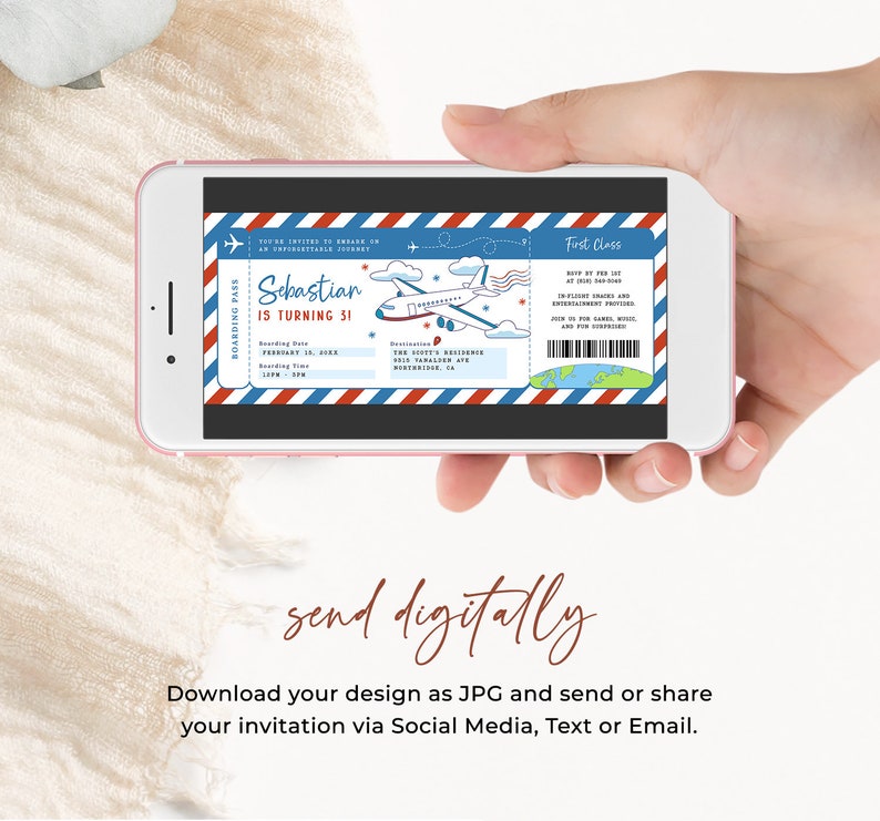May include: A digital invitation in the form of a blue and red airplane ticket with the text "Sebastian is turning 31" and a cartoon airplane. The invitation is for a birthday party and includes the date, time, and location.