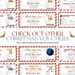 May include: A set of printable Christmas gift voucher templates. The vouchers are designed to look like vintage airline tickets and feature a red and green striped pattern with gold accents. The vouchers are for a variety of experiences, including a shopping spree, a theme park visit, a train trip, a staycation, a concert, a tattoo, a cruise, and a dinner date.