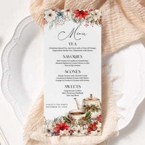 Weihnachtsteeparty-Menüvorlage EDITIERBARE, Feiertags-Teeparty-Menükarten, druckbare Weihnachtsblumen-High-Tea-Menükarte, Feiertagsparty CT25