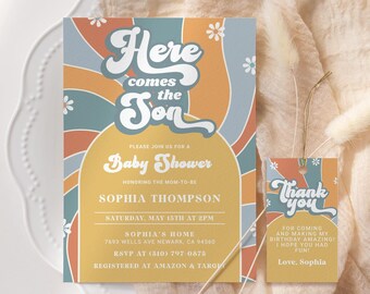 Invito per baby shower "Arriva il figlio", invito per baby shower retrò personalizzabile a tema sole, baby shower a tema sole e groovy, invito "Piccolo sole" HC03