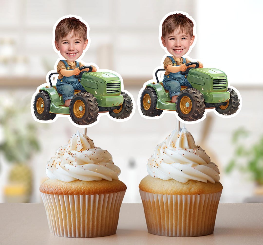 Green Tractor Photo Cupcake Toppers, Printable Farmer Face Cupcake ...