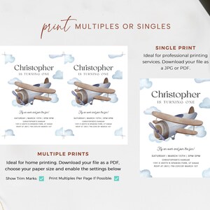 May include: Printable invitation for a first birthday party with a blue airplane and clouds theme. The invitation says "Christopher is turning one" and includes the date, time, and location of the party. The invitation also includes the text "Fly on over and join the fun!"