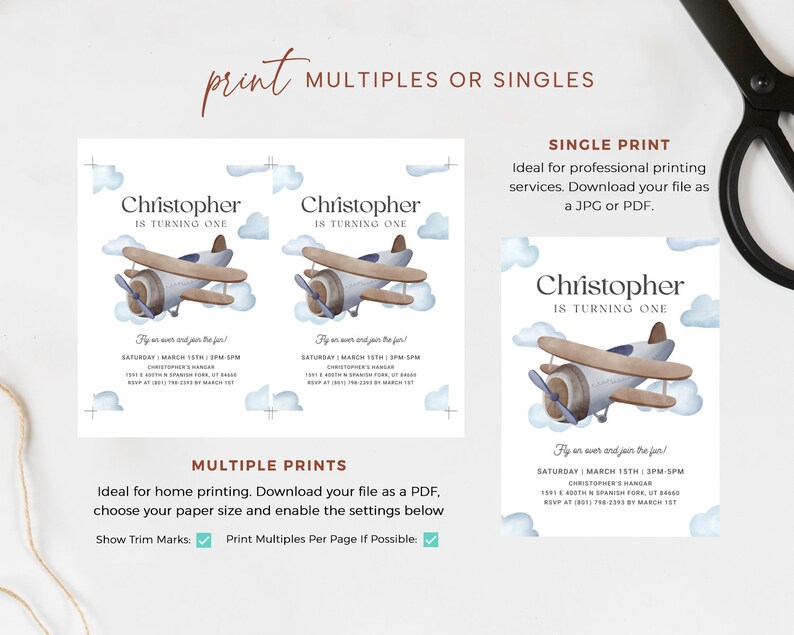 May include: Printable invitation for a first birthday party with a blue airplane and clouds theme. The invitation says "Christopher is turning one" and includes the date, time, and location of the party. The invitation also includes the text "Fly on over and join the fun!"