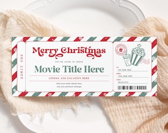 Könnte beinhalten: Eine druckbare Weihnachts-Kinokartenvorlage mit roten und grünen Streifen, Schneeflocken und dem Text "Frohe Weihnachten" und "Filmtitel hier".
