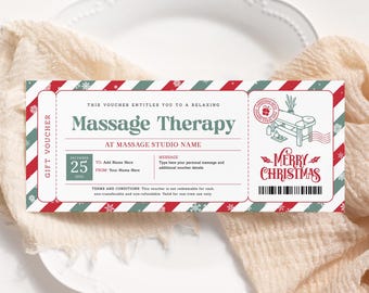 May include: A red and white striped gift voucher with a green and white border. The voucher is for a massage therapy session at a massage studio. The voucher is valid for one-time use only and is not redeemable for cash. The voucher has a Christmas theme with a green and white "Merry Christmas" graphic and a snowflake design.