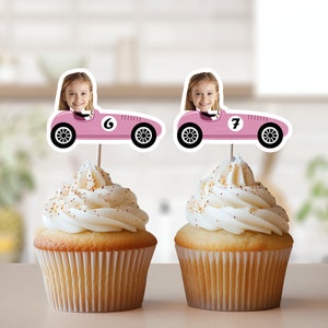Race Car Photo Cupcake Toppers, Face Cupcake Toppers, Personalized Pink Vintage Car Cupcake Toppers, Racing Birthday Party Decor, ANY AGE
