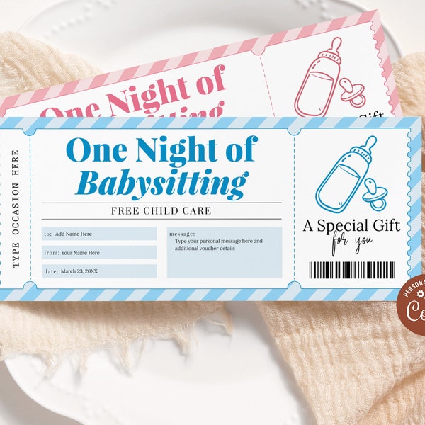 Babysitting Voucher EDITABLE, Babysitting Coupon, Printable Baby Sitting Gift Certificate, Babysitter Coupon, Any Occasion