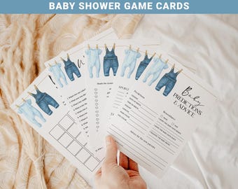 Babyshower-lekpaket med blå jeans, redigerbara mallar för babyshower-lekkort i denim, utskrivbara babyshower-lekar DB14