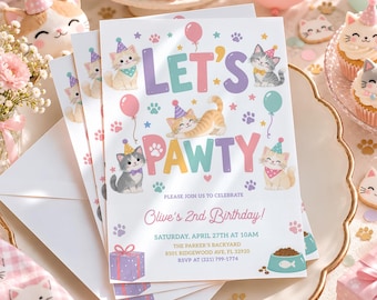 PRINTED Cat Birthday Invitation, Let's Pawty Kitty Party Invite, Cute Pastel Kitten Birthday Card for Girls, Cat Theme Party with Envelopes
