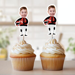 Race Car Driver Photo Cupcake Toppers, Face Cupcake Toppers, Personalized Red Race Car Cupcake Toppers, Racing Birthday Party Decor