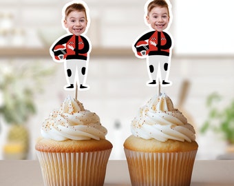 Race Car Driver Photo Cupcake Toppers, Face Cupcake Toppers, Personalized Red Race Car Cupcake Toppers, Racing Birthday Party Decor