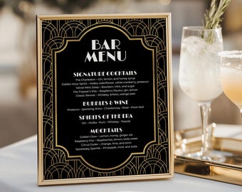 Gatsby Bar Menu Template EDITABLE, Roaring 20s Art Deco Drinks Sign, Printable Signature Cocktail Bar Menu Sign, Modern Vintage Drink Sign