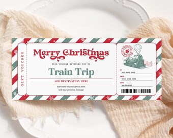 Billete de tren navideño editable, billete de tren de Papá Noel imprimible, certificado de regalo para viaje sorpresa, billete de viaje, tarjeta de embarque TT22