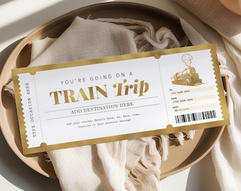 Train Ticket Gold Voucher EDITABLE, Surprise Train Ticket Invitation, Personalized Train Boarding Pass, Train Ticket Template Printable TT22