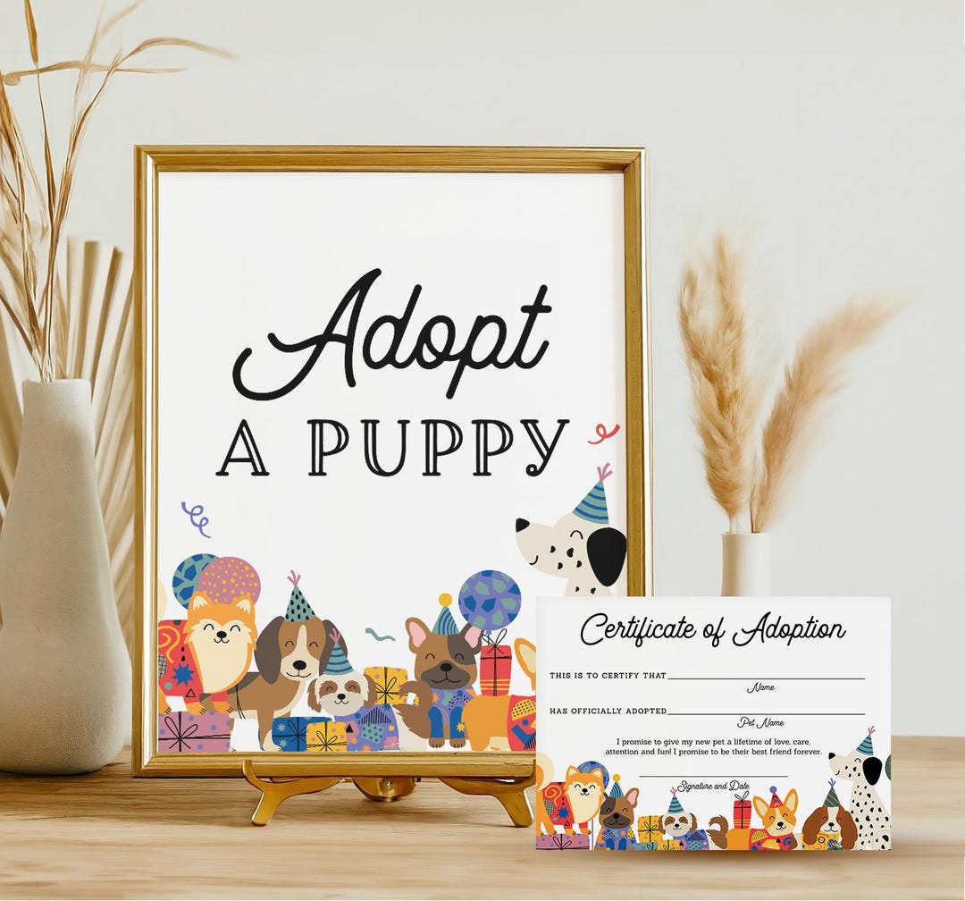 Adopt A Puppy Party Sign, Pet Dog Adoption Certificate Printable, Puppy ...