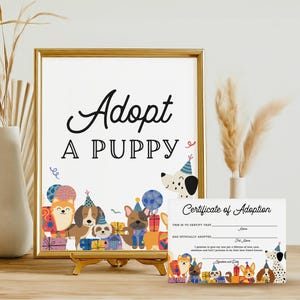 Adopt A Puppy Party Zeichen, Haustier Hund Adoption Zertifikat zum druckbar, Welpen Party Adoption Zeichen, Hund Adoption Party, SOFORTIGER DOWNLOAD LP08