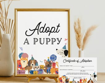 Adopt A Puppy Party Zeichen, Haustier Hund Adoption Zertifikat zum druckbar, Welpen Party Adoption Zeichen, Hund Adoption Party, SOFORTIGER DOWNLOAD LP08