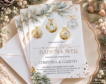 PRINTED Boho Christmas Baby Shower Invitation, Merry Little Baby Shower Invite, Winter Greenery Gold Ornament Baby Cards with Envelopes MC20