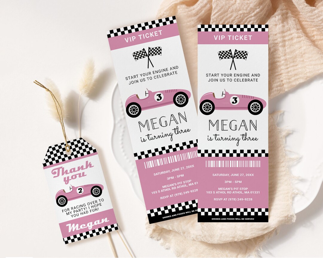 Pink Race Car Birthday Ticket Invitation EDITABLE Girl Racing - Etsy