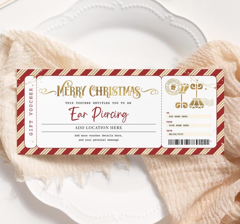 Ear Piercing Christmas Certificate EDITABLE, Ear Pierced Gift Card, Printable Piercing Coupon, Holiday Surprise, Christmas Voucher