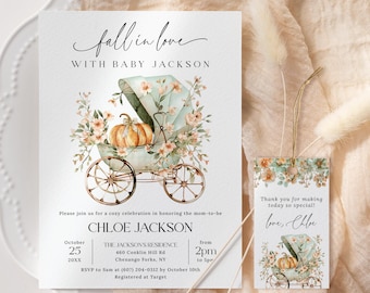 Fall In Love Baby Shower Invitation EDITABLE, Little Pumpkin Baby Shower Invitation, Gender Neutral Shower, Autumn Floral Baby Shower FG25