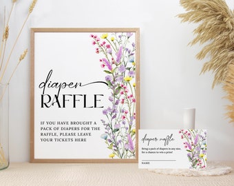 Diaper Raffle Wildflower Baby Shower Sign, Boho Floral Baby Shower Diaper Cards Printable, Baby in Bloom Shower Decor, INSTANT DOWNLOAD WS12