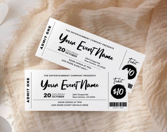 May include: Two black and white printable event ticket templates with the text "Your Event Name", "Saturday, October 20", "Door Opens at 7pm", "2847 Chapel Rd, New Canton, VA 23123", and "Add More Event Details Here". The tickets also have the text "Ticket $10" printed on them.