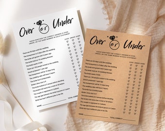 Over or Under Bridal Shower Game EDITABLE, Modern Bridal Shower Game Printable, Minimalist Couples Shower Game, Trivia Game BG05