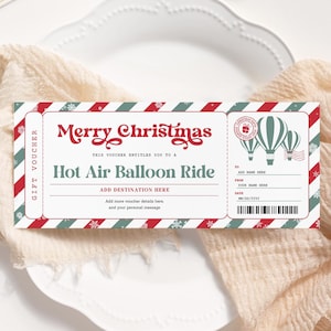 Boleto de Navidad en globo aerostático EDITABLE, certificado de viaje sorpresa imprimible, vale de viaje en globo, tarjeta de regalo de Navidad Experience