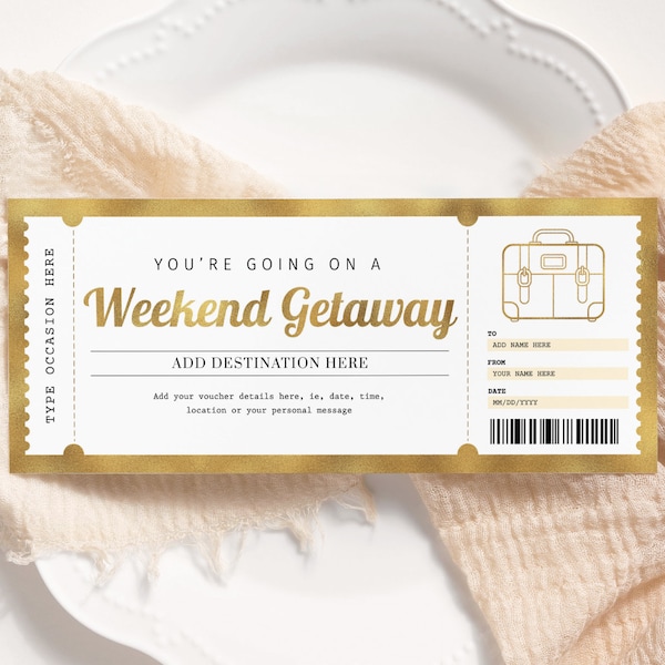 Weekend Getaway Gold Voucher EDITABLE, Weekend Away Ticket, Birthday Trip Travel Voucher, Printable Trip Away Gift Certificate WG22