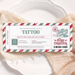 Tattoo-Weihnachtsgutschein EDITIERBAR, Tattoo-Geschenkgutscheinvorlage zum Ausdrucken, Get Inked Geschenkkarte, Tattoo-Weihnachtsticket, Tattoo-Coupon