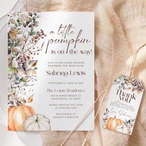 Little Pumpkin Baby Shower Invitation EDITABLE, Fall Floral Baby Shower Invite Printable, Minimalist Autumn Baby Shower, Gender Neutral FA16