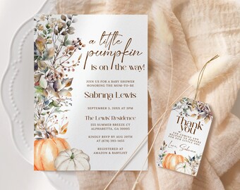 Little Pumpkin Baby Shower Invitation EDITABLE, Fall Floral Baby Shower Invite Printable, Minimalist Autumn Baby Shower, Gender Neutral FA16