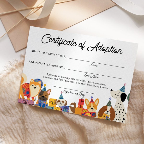 Lets Pawty Adoption Certificate Printable, Puppy Adoption Party, Pet Dog Adoption Certificate, Dog Theme Birthday, INSTANT DOWNLOAD LP08