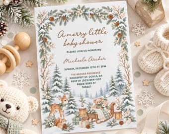 Winter Baby Shower Invitation Template, A Merry Little Baby Shower Invite, Christmas Woodland Editable Printable, Gender Neutral Holiday WB5