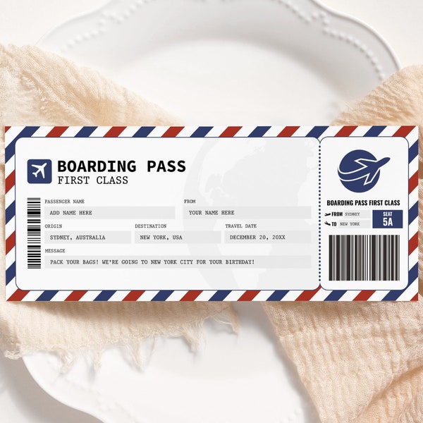 Modèle de billet carte d'embarquement MODIFIABLE, billet cadeau voyage surprise, faux billet d'avion imprimable, billet d'avion personnalisé