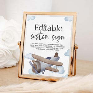 Benutzerdefinierte Flugzeug Party Schild, EDITIERBARE Schild Vorlage, Vintage Flugzeug erste Geburtstagsfeier Dekor druckbar, blaue Flugzeug Babyparty AP13