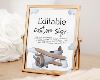 Custom Airplane Party Sign, EDITABLE Sign Template, Vintage Airplane First Birthday Party Decor Printable, Blue Airplane Baby Shower AP13